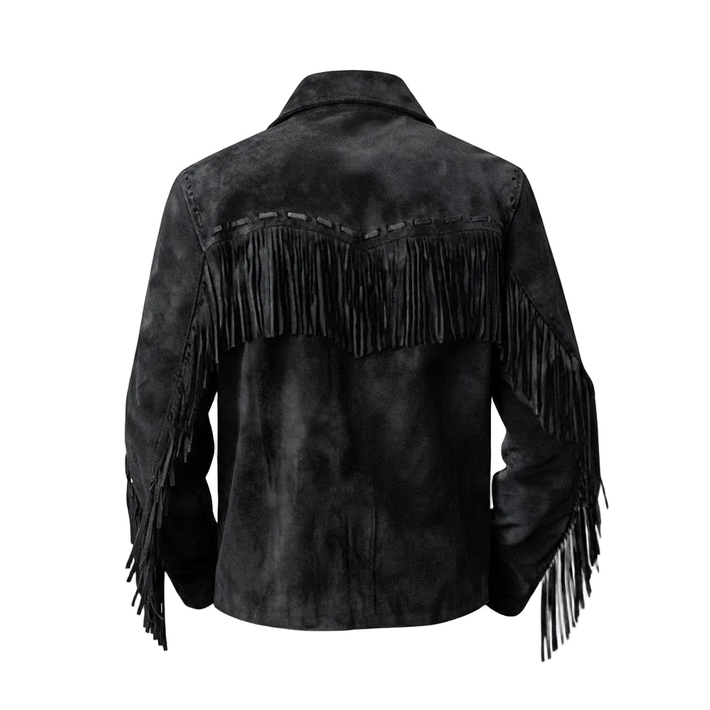 Black suede fringe jacket shown from the back, featuring a collar and long fringe detailing across the shoulders and down the sleeves, set against a plain white background.