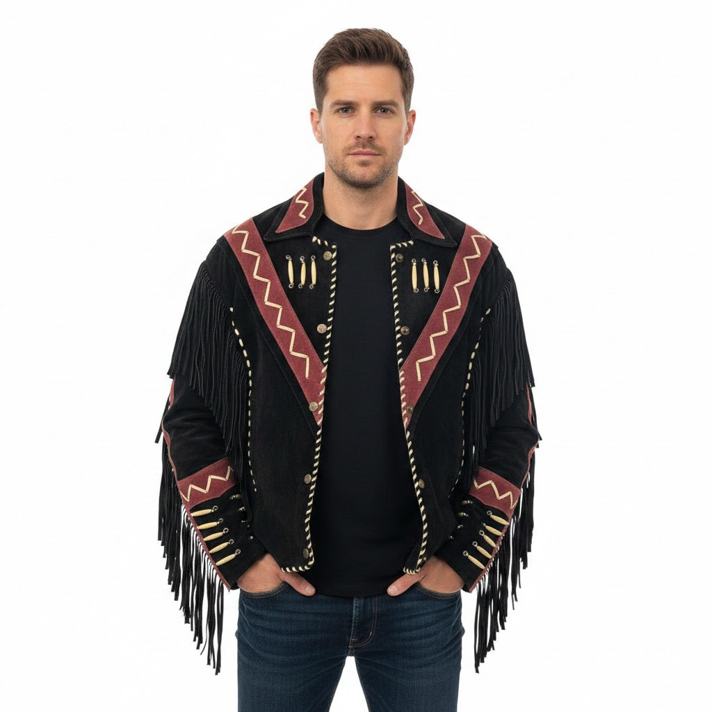 Man wearing a black jacket with red and gold fringe and patterns on a white background