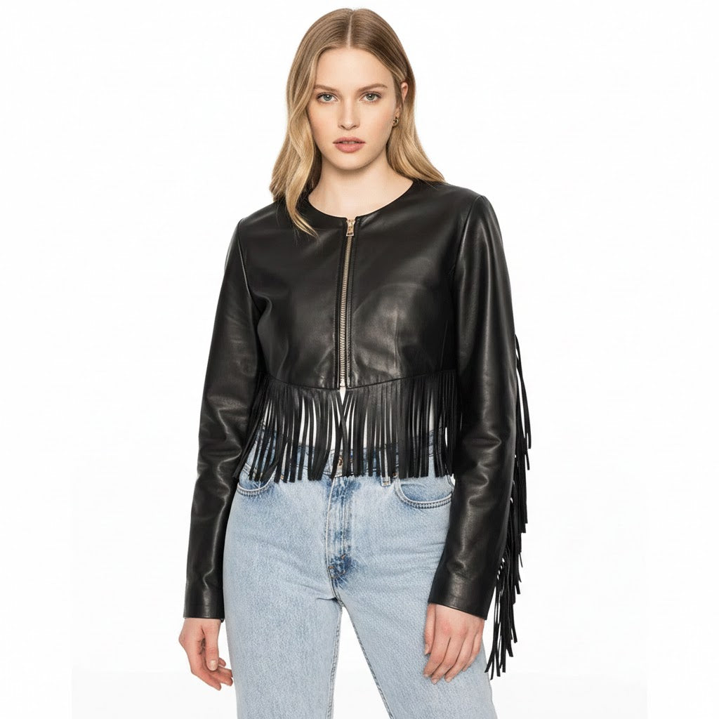 Black leather jacket with fringe details worn by a model on a white background