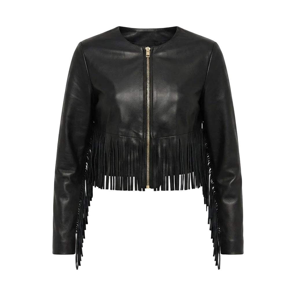 A black faux leather cropped fringe jacket with a front zipper, displayed on a clean white background.