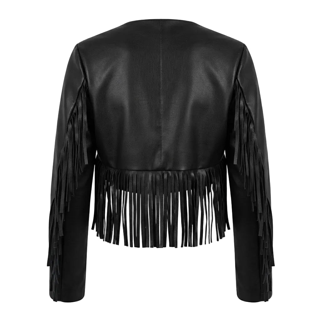 Black faux leather cropped jacket with long fringe detailing on the sleeves and back, shown from the rear on a white background.