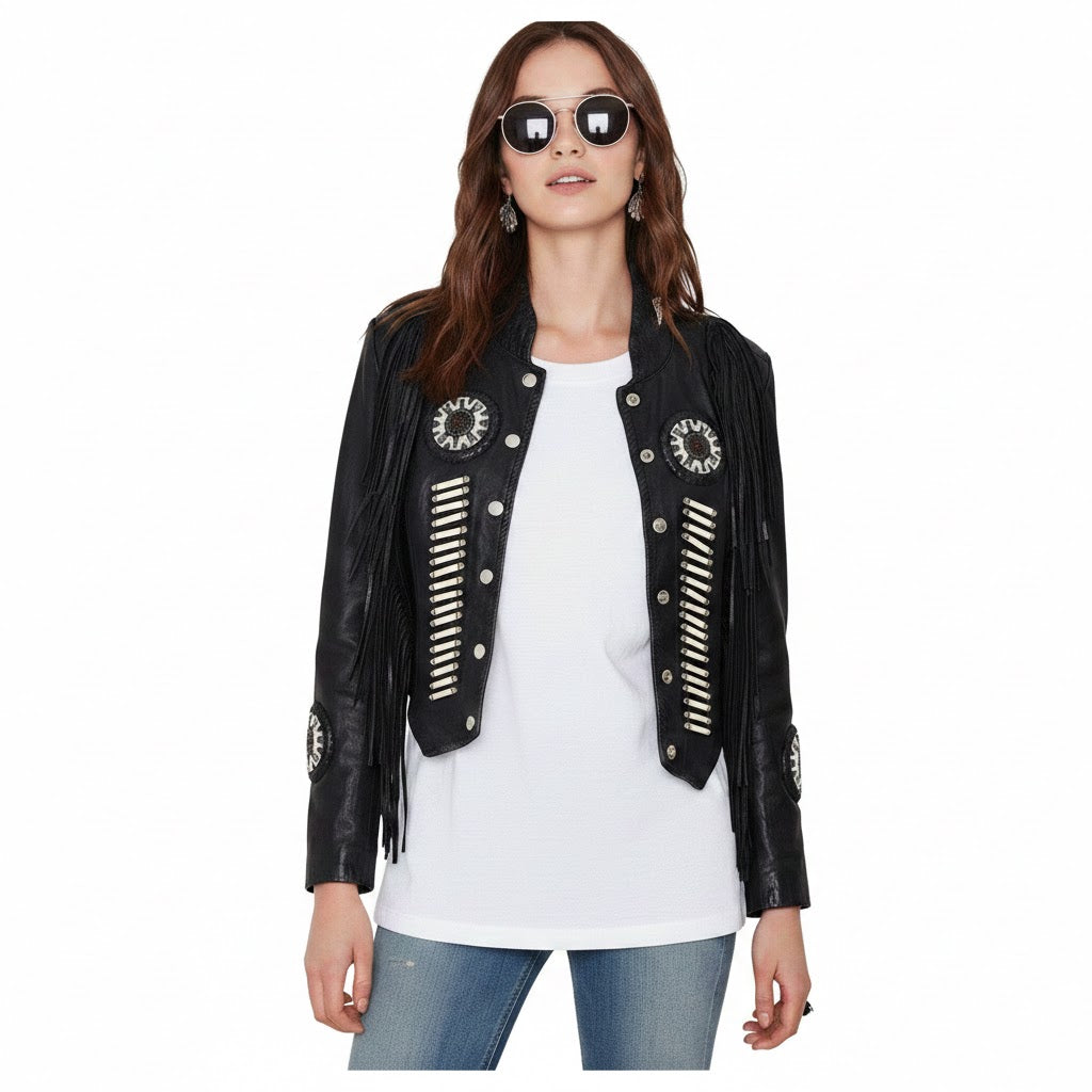 Women’s Western Beaded Fringe & Bones Leather Jacket WJ1072