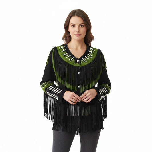 Woman wearing a black and green fringe jacket on a white background