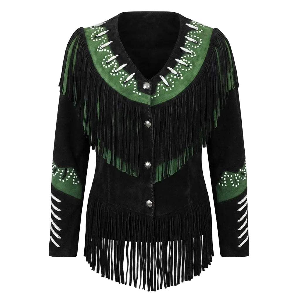 A black faux-suede long-sleeve fringed jacket with green and white embroidered details, shown on a plain white background.