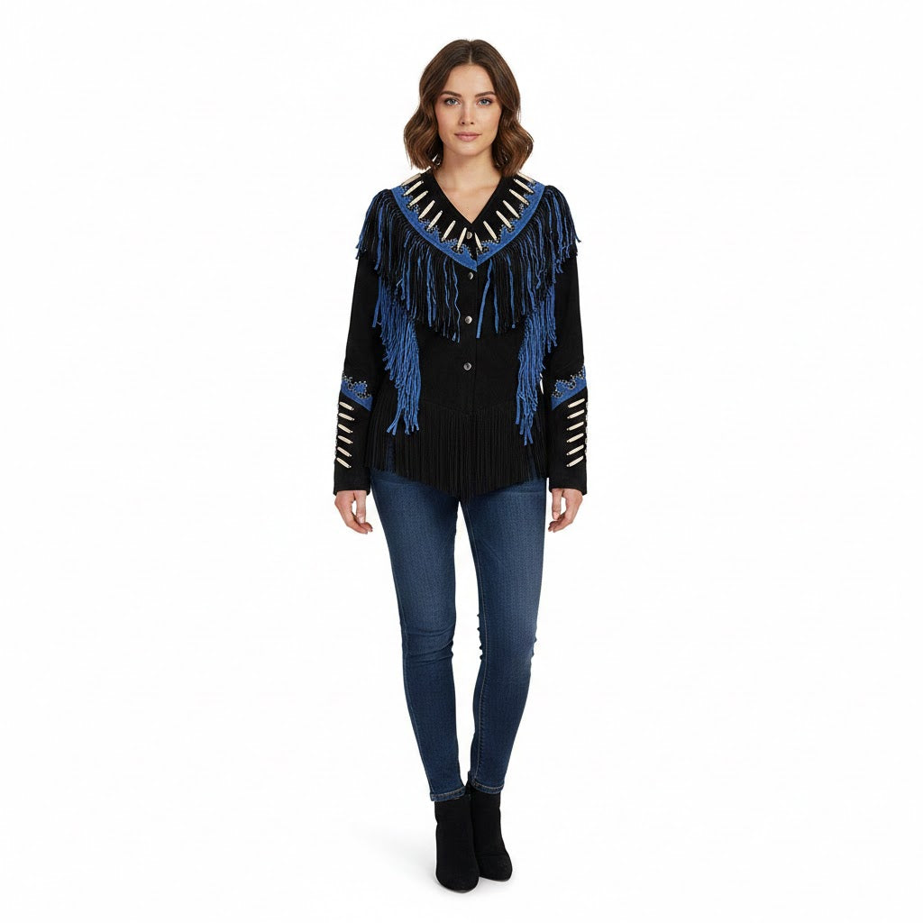 Woman wearing a black and blue fringed Jacket with studded details on a white background