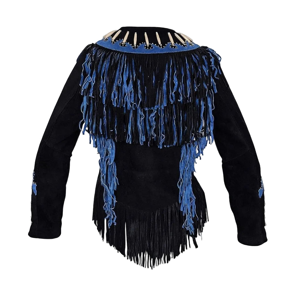A black suede long-sleeve fringed jacket with prominent blue fringe accents, a blue trim along the collar, and white bone-like shoulder embellishments, shown against a plain white background.