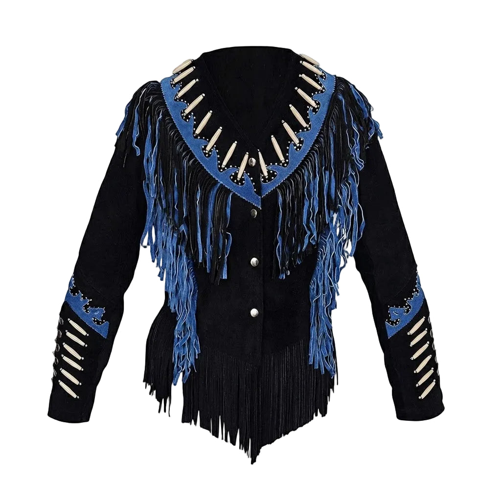 A black suede fringe jacket with blue suede trim, white bone-like bead details, and silver buttons, shown against a plain white background.