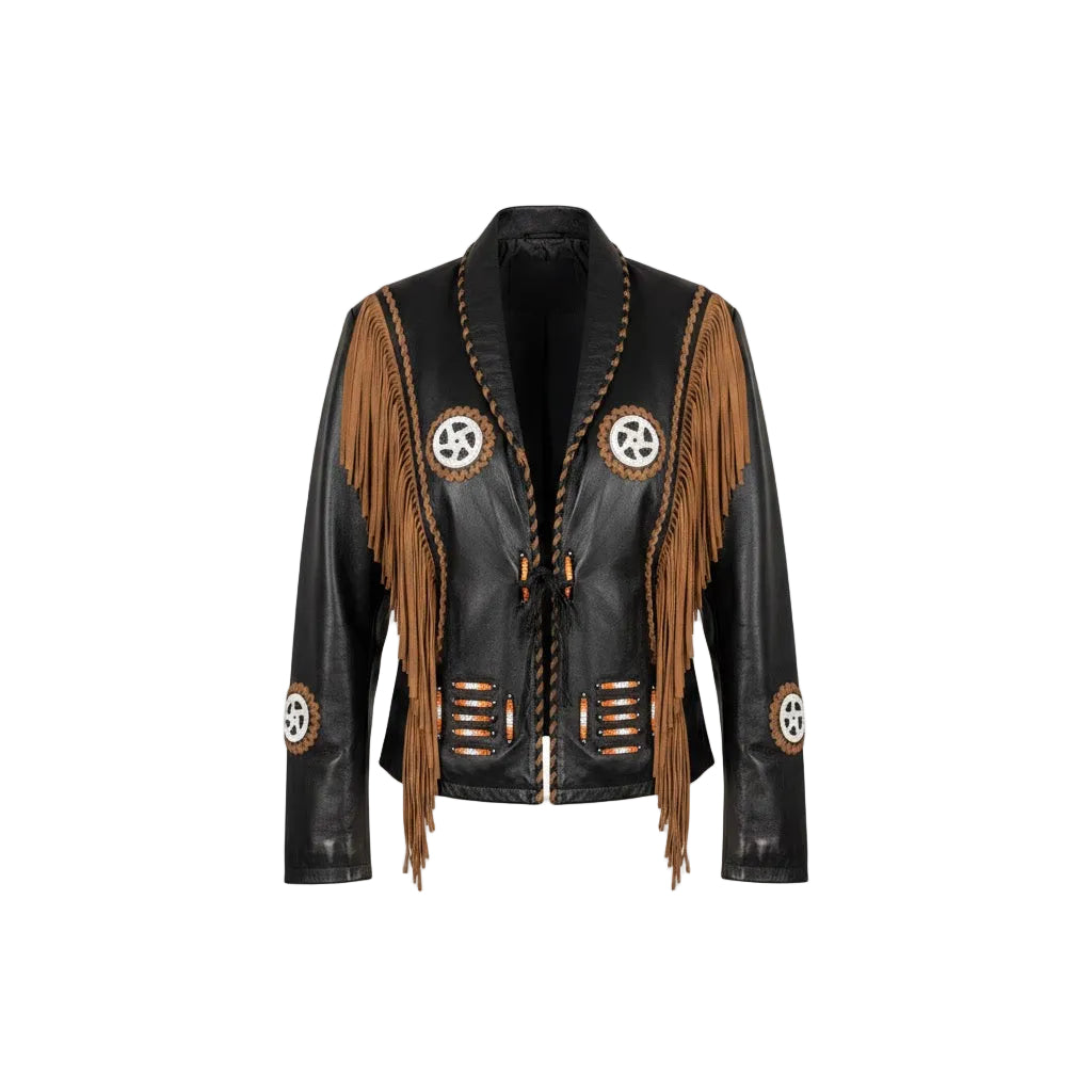 Black leather jacket with brown fringes and decorative elements on a white background