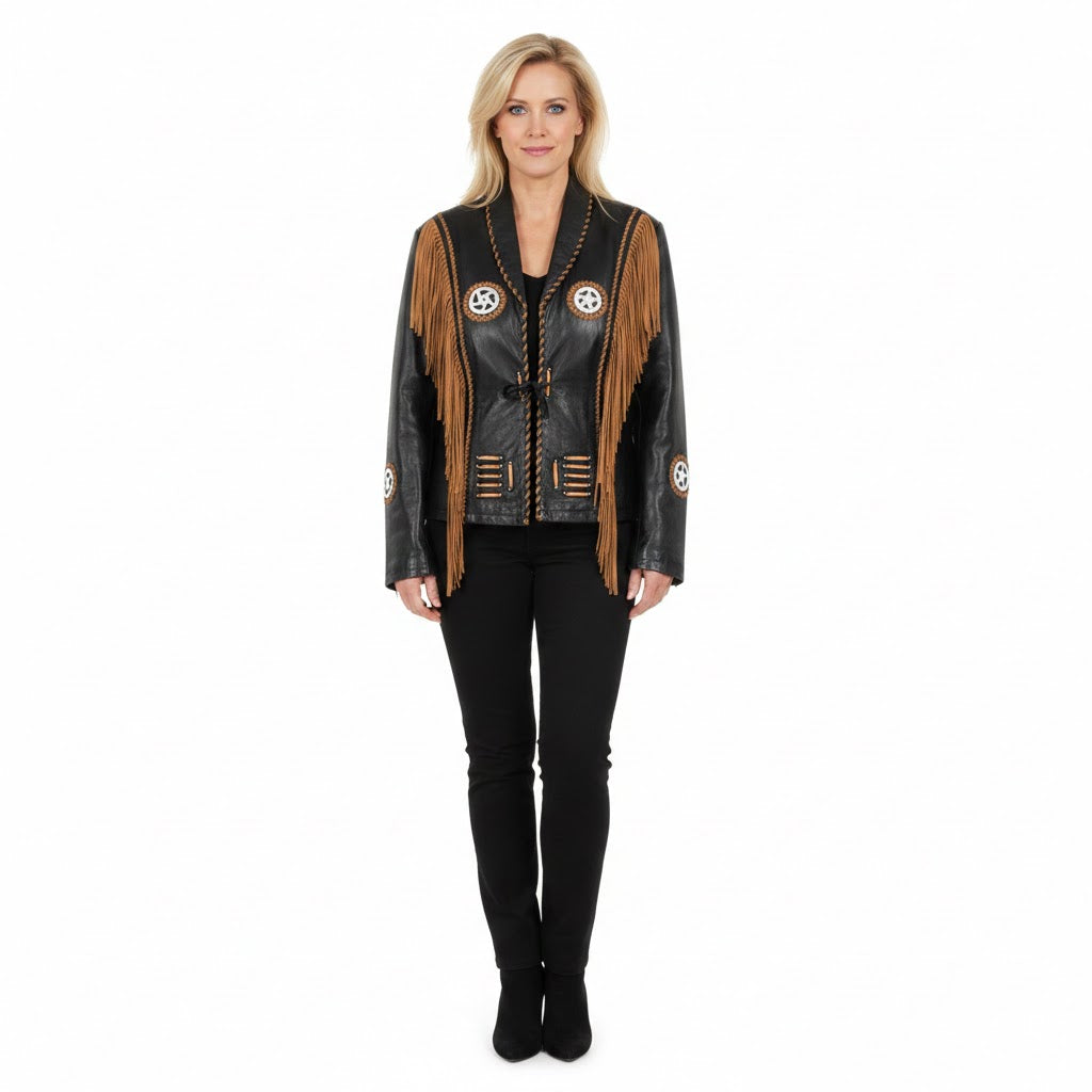 Woman wearing a black leather jacket with fringe and embroidery on a white background