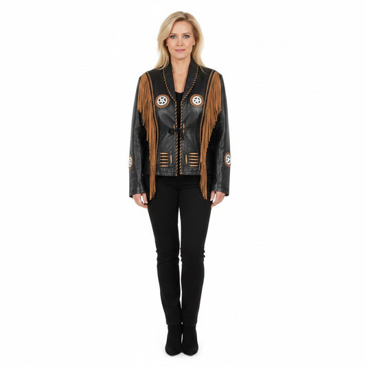 Woman wearing a black leather jacket with fringe and embroidery on a white background