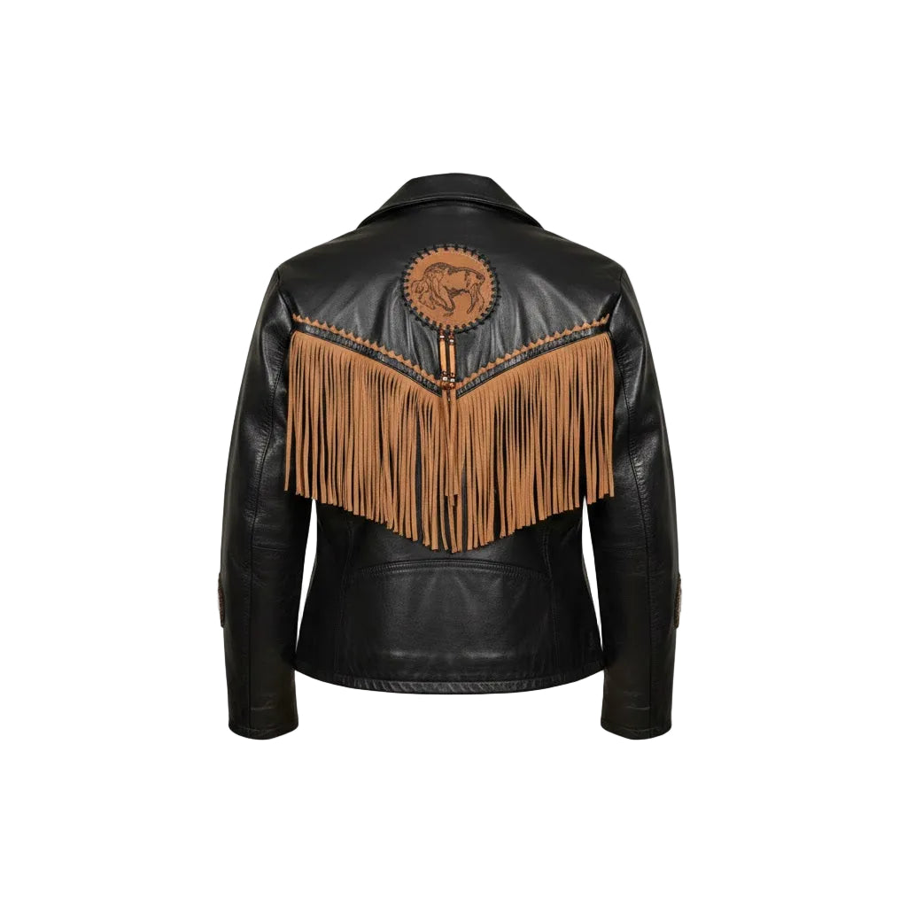 Black leather jacket with brown fringe and emblem on a white background