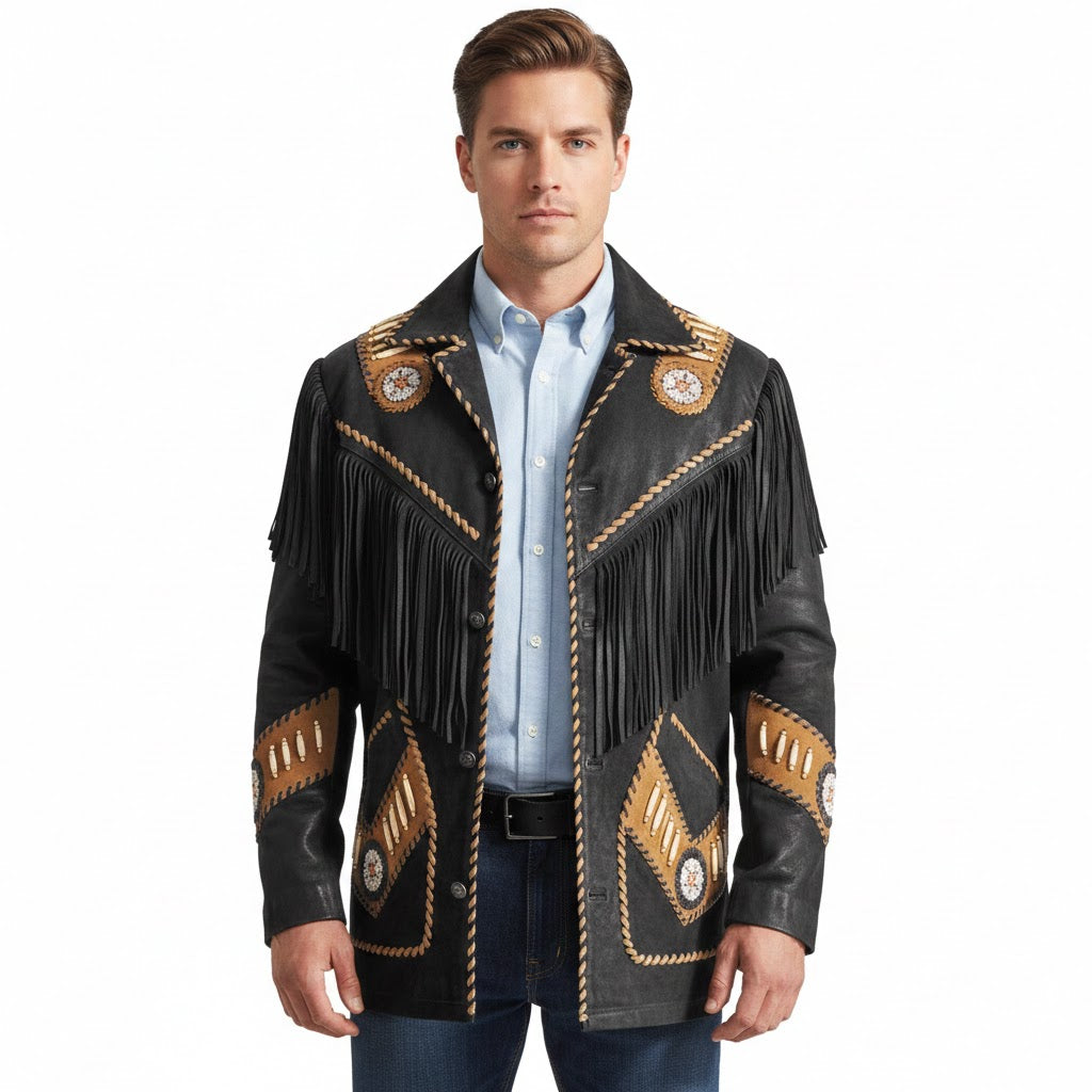 Man wearing a black leather jacket with gold fringe and patterns on a white background
