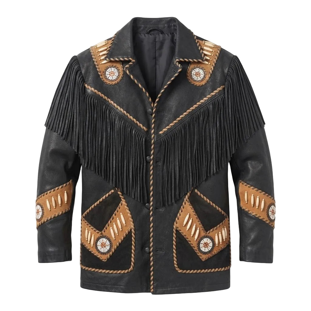 A black leather fringed jacket with tan and brown geometric embroidery, decorative rope trim, and circular concho-style embellishments on the chest and sleeves, shown against a plain white background.