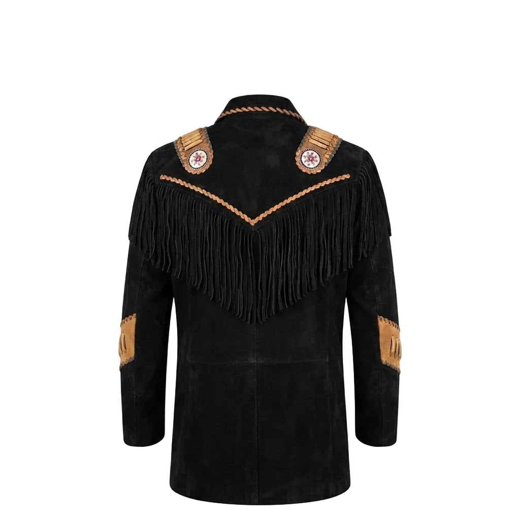 A black suede fringed jacket with tan leather trim and circular beaded shoulder patches, shown from the back on a white background.