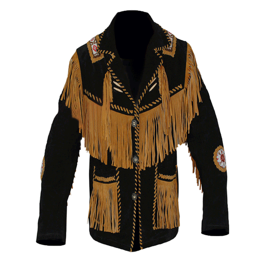 Western Fringe Beaded Black Suede Leather Jacket Cowboy Jacket LWJ3670