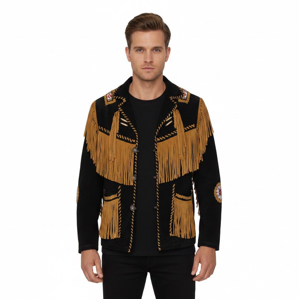 Western Fringe Beaded Black Suede Leather Jacket Cowboy Jacket LWJ3670