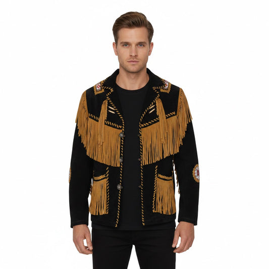 Western Fringe Beaded Black Suede Leather Jacket Cowboy Jacket LWJ3670