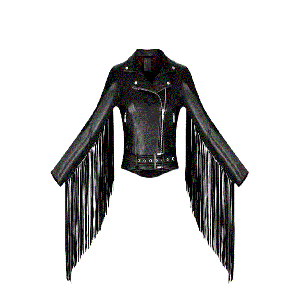 Women’s Black Leather Long Fringe Biker Jacket Cowgirl Jacket WFJ9008