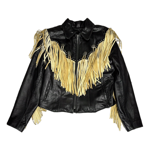 Women’s Black Leather Fringes Jacket Cowgirl Stud Jacket WFJ9025