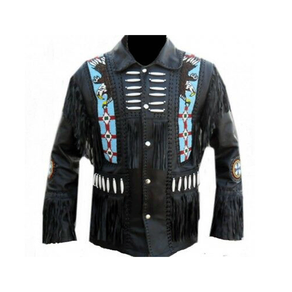 Western Black Fringe Eagle Beaded Leather Jacket Cowboy Jacket LWJ3560