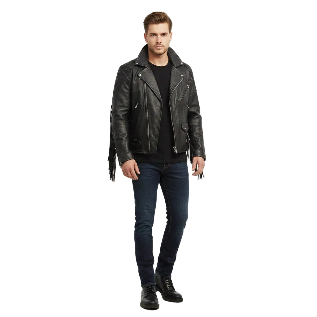 Man wearing a black leather jacket with fringe on a white background