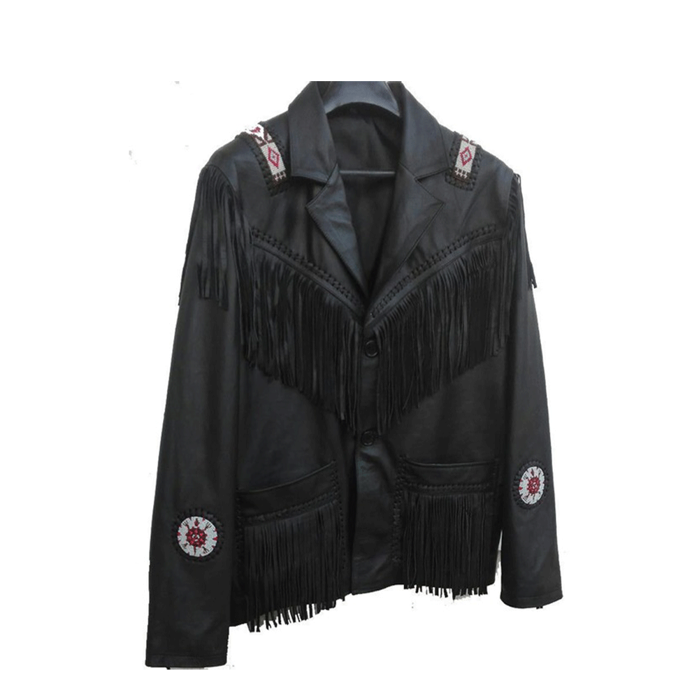 Western Black Leather Fringe Beaded Jacket LWJ354