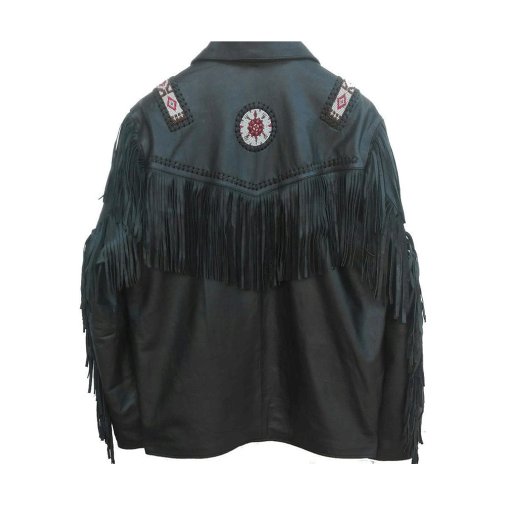 Western Black Leather Fringe Beaded Jacket LWJ354