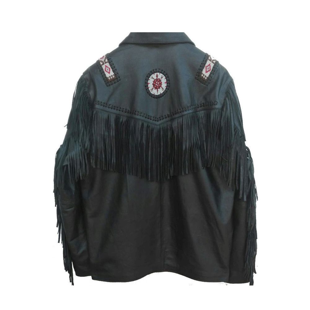 Western Black Leather Fringe Beaded Jacket LWJ354