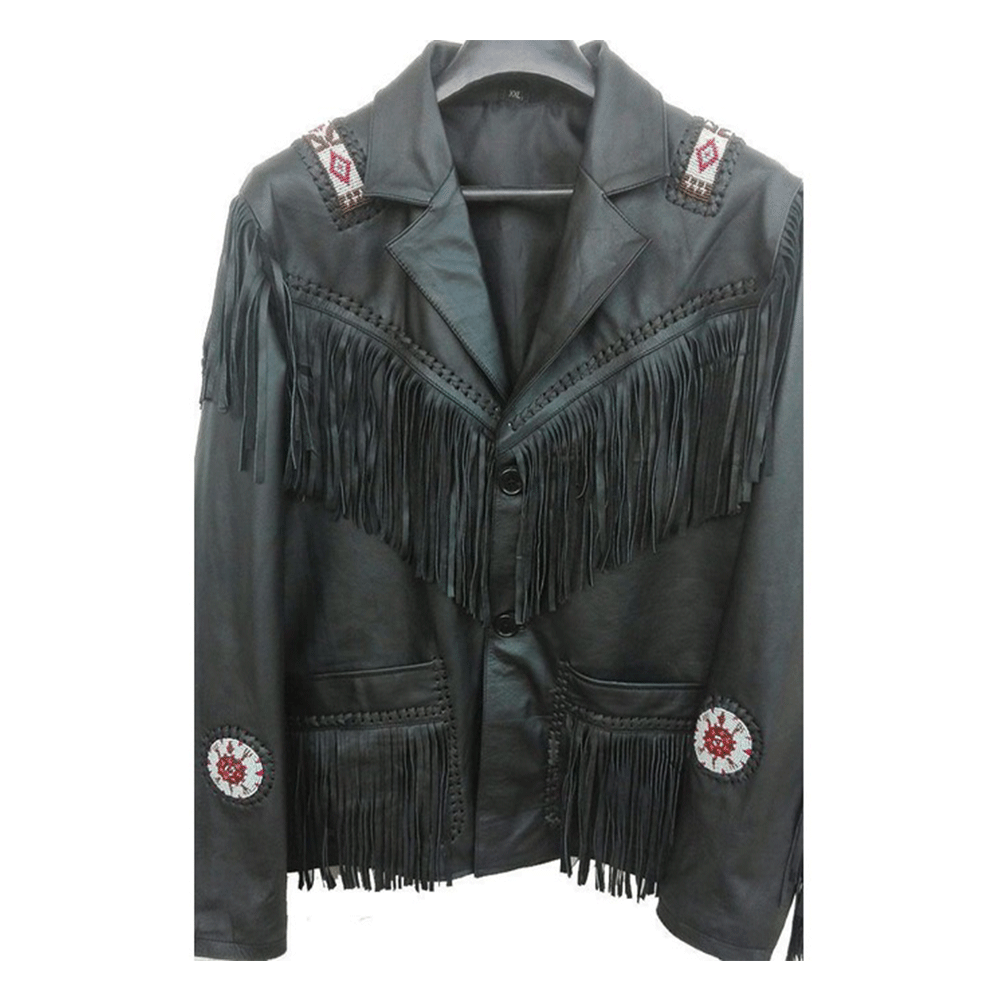 Western Black Leather Fringe Beaded Jacket LWJ354