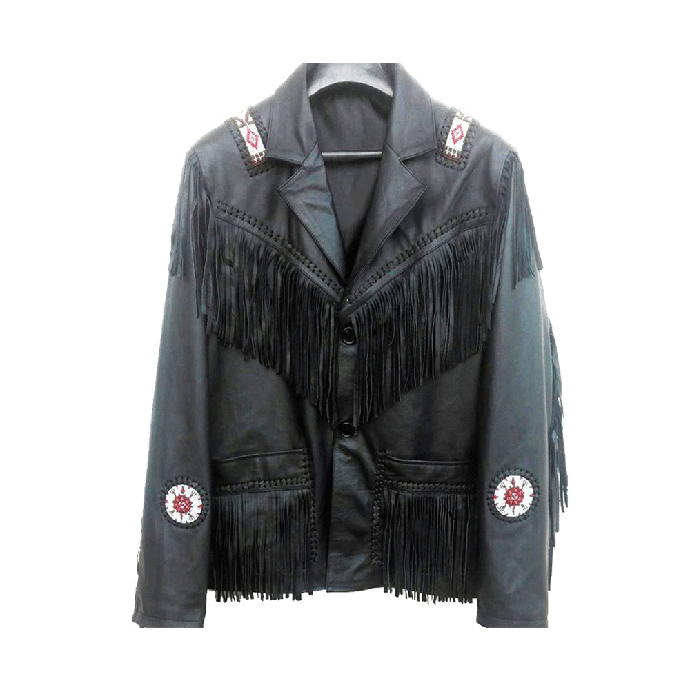 Western Black Leather Fringe Beaded Jacket LWJ354