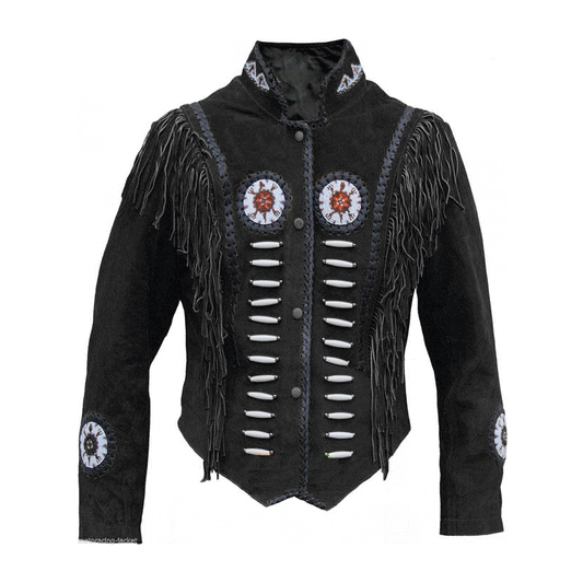 Western Black Suede Leather Fringe Beaded Jacket Cowboy Jacket LWJ365