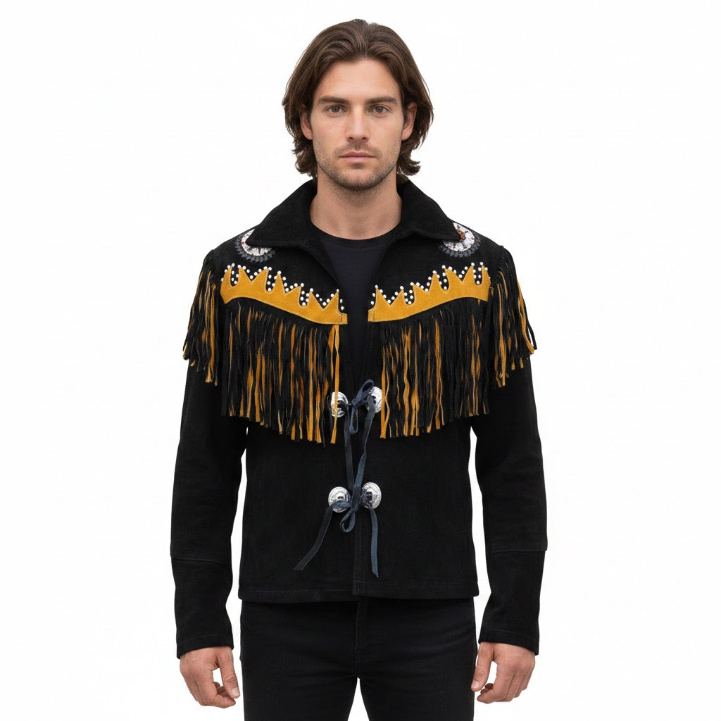 Man wearing a black jacket with yellow fringe details on a white background