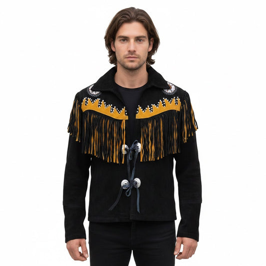 Man wearing a black jacket with yellow fringe details on a white background