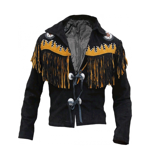 Western Black Suede Leather Fringe Beaded Jacket LWJ368