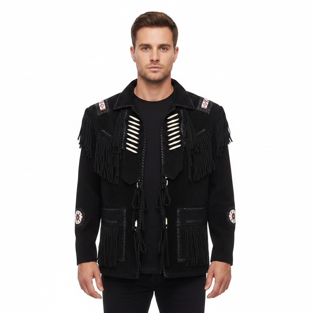 Man wearing a black fringed jacket on a white background