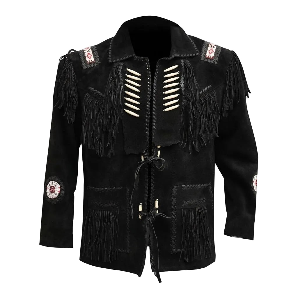 A black suede fringed jacket with decorative white and red embroidered details, lace-up front, and cutout chest panels, shown on a plain white background.