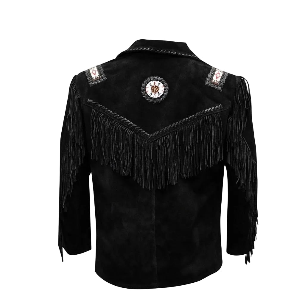 Black fringed jacket with decorative elements on a white background