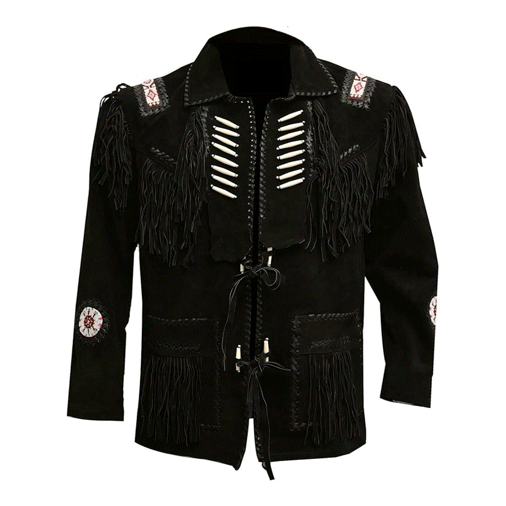 Western Black Fringe Beaded Suede Leather Jacket Cowboy Jacket LWJ3740