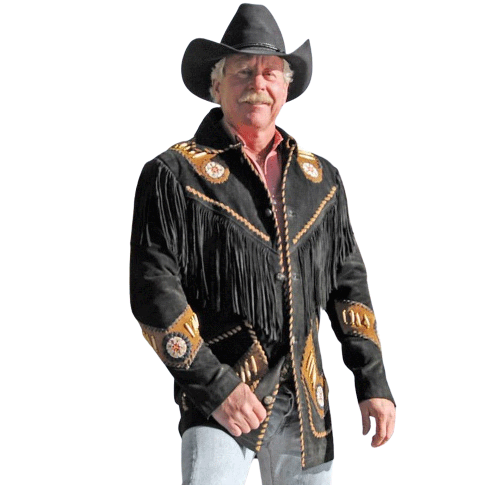 Western Black Fringe Beaded Suede Leather Jacket Cowboy Jacket LWJ3770