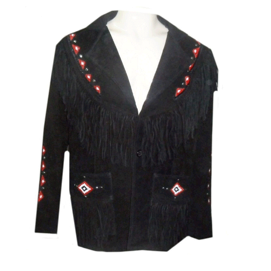 Western Black Suede Leather Fringe Beaded Leather Jacket LWJ375