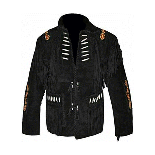 Western Black Suede Leather Fringe Beaded Leather Jacket LWJ369