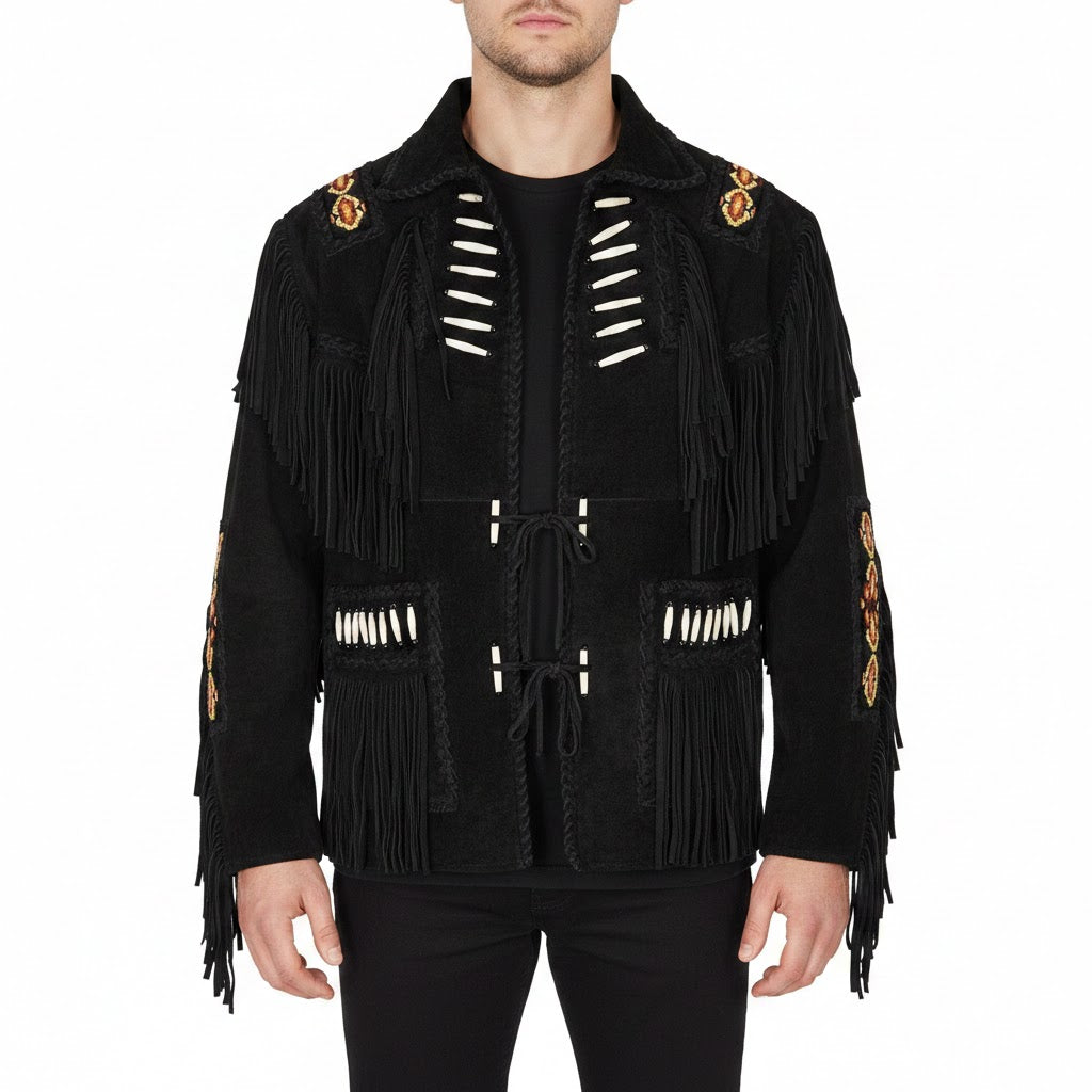Western Black Suede Leather Fringe Beaded Jacket Cowboy Jacket LWJ369