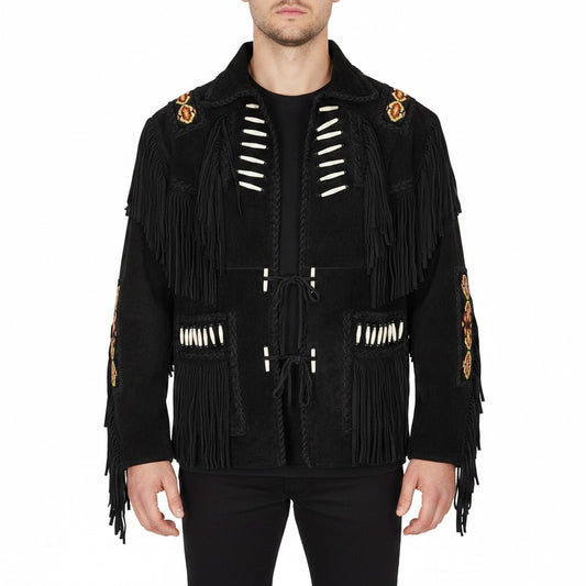 Western Black Suede Leather Fringe Beaded Jacket Cowboy Jacket LWJ369