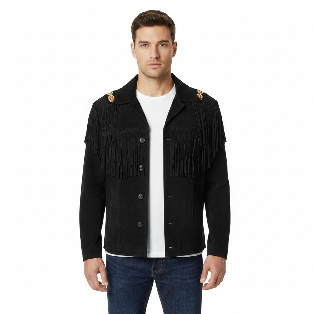 Man wearing a black fringed jacket on a white background