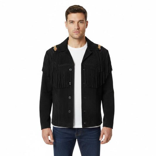 Man wearing a black fringed jacket on a white background