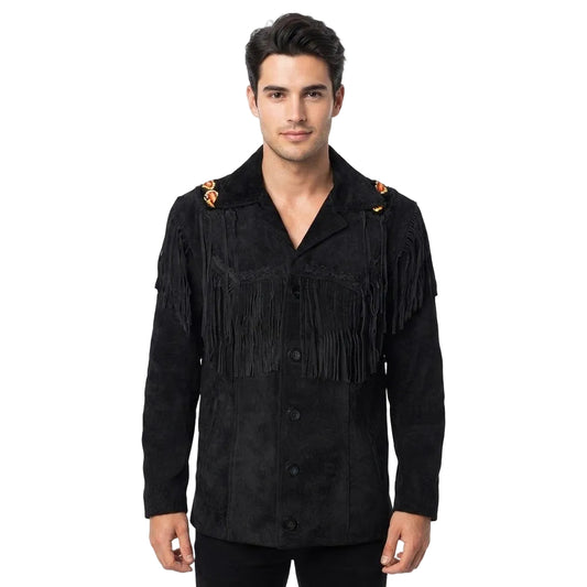 A man modeling a black suede long-sleeve jacket with fringe detailing across the chest and shoulders, featuring gold-toned decorative accents on the shoulders, set against a plain white background.