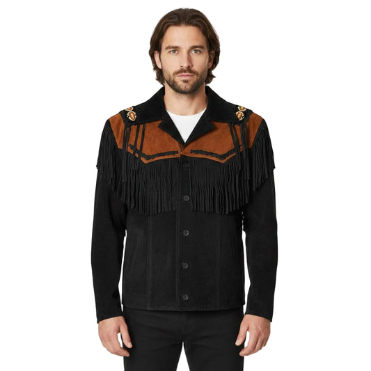 Man wearing a black and brown fringed jacket on a white background