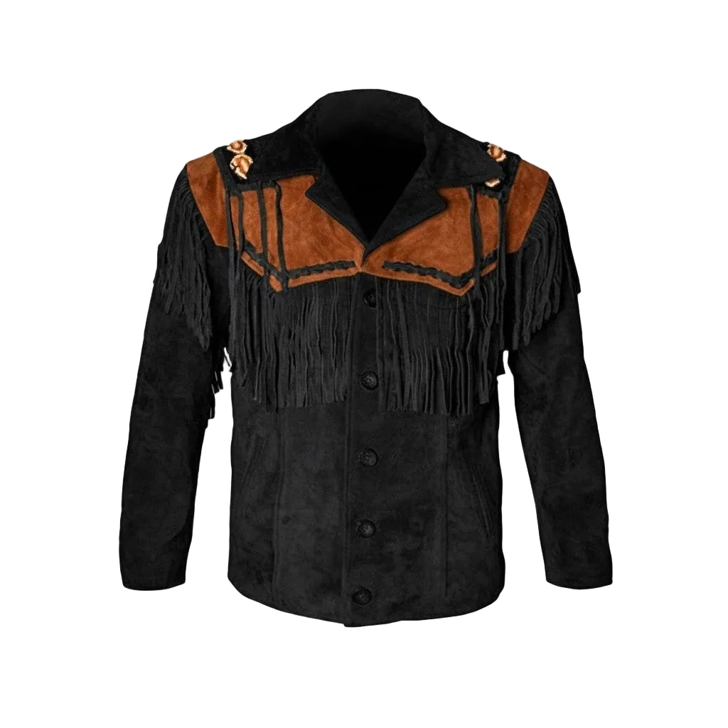 A black suede fringe jacket with brown suede shoulder yokes and decorative gold-toned hardware, shown against a plain white background.