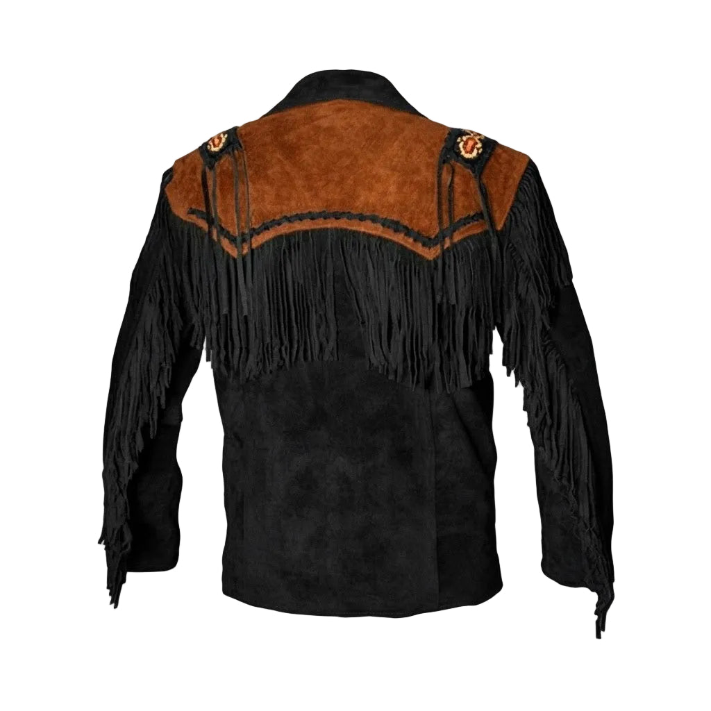 Black suede fringe jacket with a brown suede yoke and embroidered shoulder details, shown from the back on a white background.