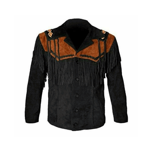 Western Black Fringe Beaded Suede Leather Jacket Cowboy Jacket LWJ3700